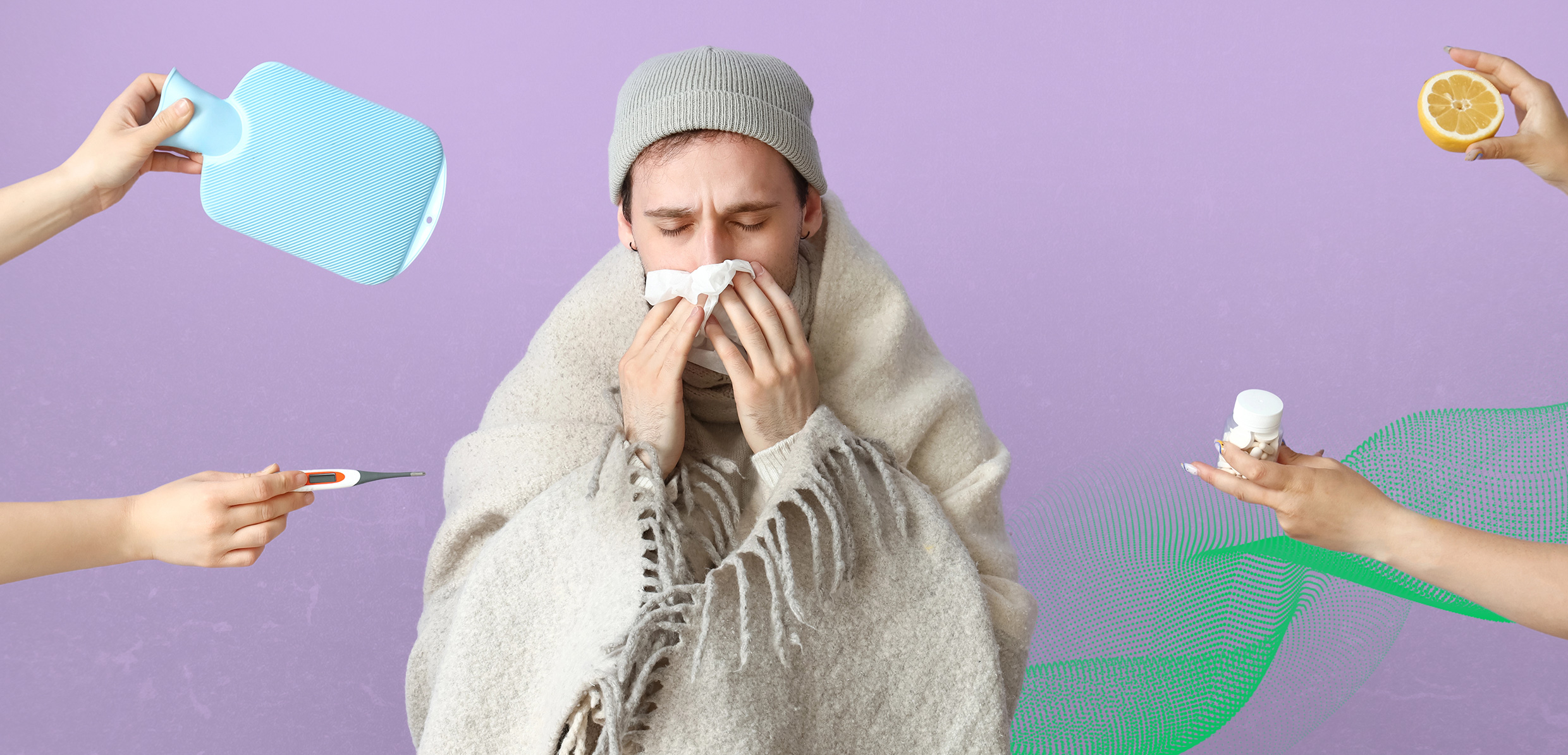 Mlody chory mezczyzna pod kocem